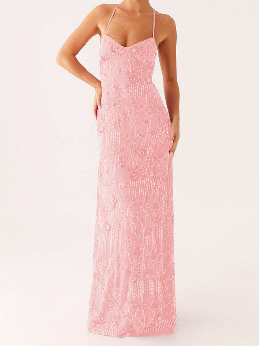 Women'S Elegant Turquoise Sequin & Floral Lace-like Sleeveless Maxi Dress - V-Neck Spaghetti Strap Summer Evening Party Dress, Lightweight Breathable Formal & Semi-Formal Outfit for Beach Events, Prom, Galas - Casual to Forma