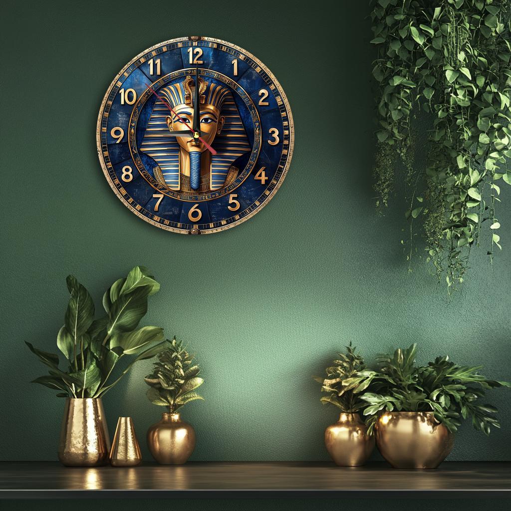 Egyptian-Themed Silent Wooden Wall Clock, 9.8" Round - Farmhouse Style Decor for Kitchen, Bedroom, Office | Easy to Read, No Ticking Sound | Battery Not Included, Round Hanging Clock