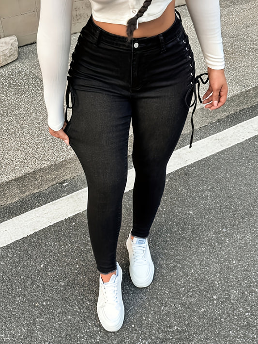 Women'S Fashion Black Skinny Jeans | Medium High Waist, Slim Legs, Raw Edge Details, Medium Elastic Fabric, All-Season Wearability