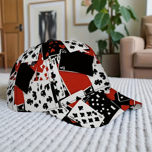 1pc Card Chaos Print Classic Baseball Cap - Lightweight Adjustable Duckbill Hat with Playing Card Symbols (Hearts, Spades,), Breathable Textile Fabric for Casual & Outdoor Activities, Mixed Colors, Adjustable Baseball Cap, Le