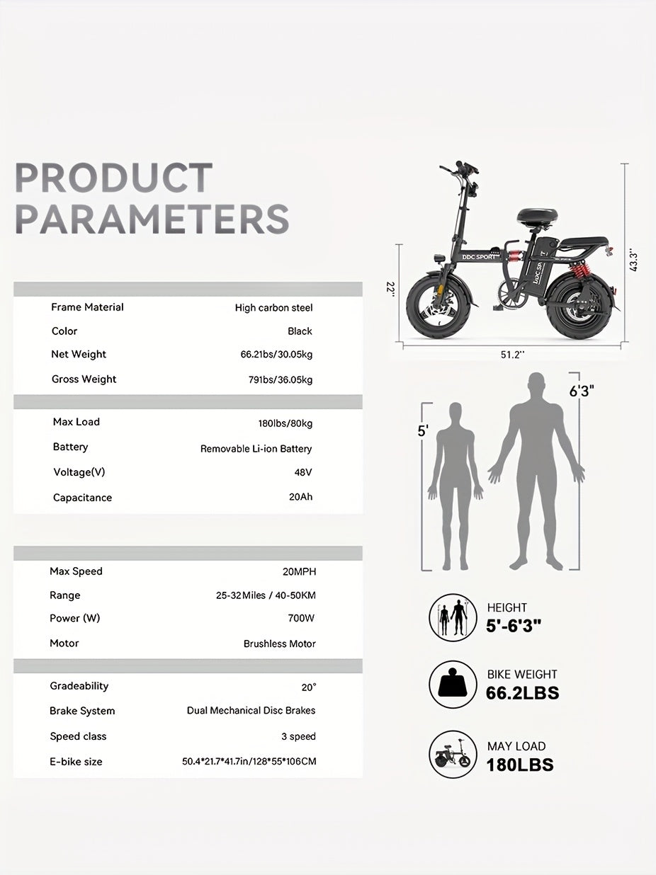 700W Folding E-Bike for Adults: Tackle 25° Hills & 20MPH Speeds. 35-Mile Range with 48V 20Ah Removable Battery, 385LBS Capacity & 11-Layer Shock Absorption for A Smooth Ride. Your All-in-One Commute & Adventure Solution