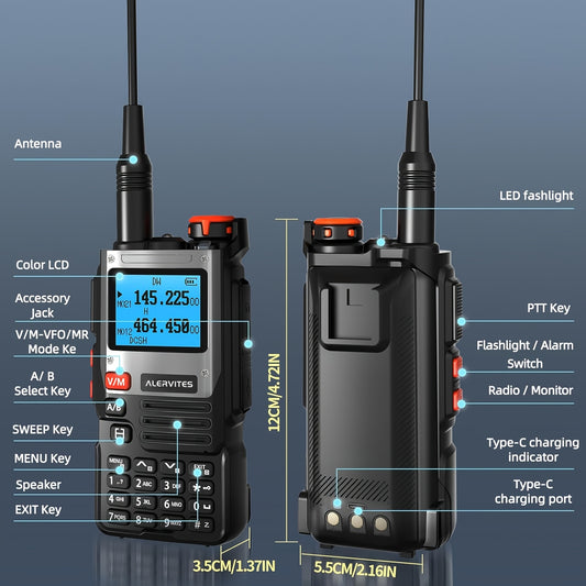 2pcs Alvit High Power 10W Two-Way Radio with 999 Channels, 6 Bands (65-108/108-136/136-174/220-260/260-390/390-520), DTMF, Wireless Copy, NOAA, Type-C Fast Charging, Battery, Outdoor Communication, Rugged Design, Durable Cons