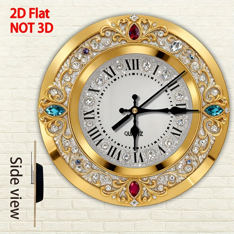 1pc 2D plane wall-mounted clock decoration, 10/12inch Golden multi-jewel crystal decorated wooden wall clock, diamond effect/pattern, no diamonds word wooden circular wall-mounted clock, wooden circular decorative clock with