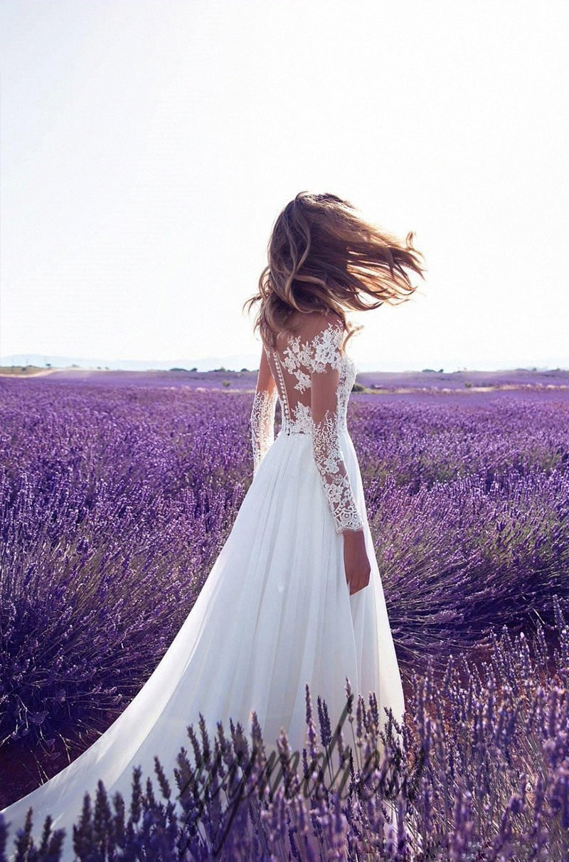 Long Sleeved See Through Lace Slit Dress, Women'S Wedding Bridesmaid Dress, Long Dress, Slim Fit, And Elegant Evening Dress