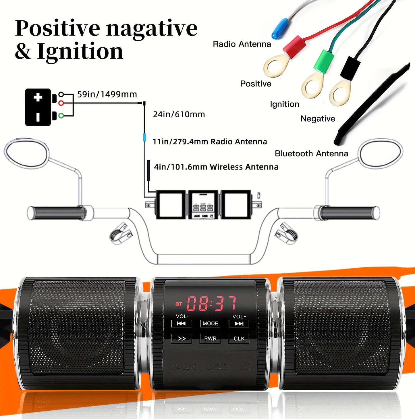 Wireless Motorcycle Audio - Motorcycle ATV Stereo Speakers - Handlebar Mount MP3 Music Player Audio Amplifier - AUX-in, USB, TF card, FM Radio