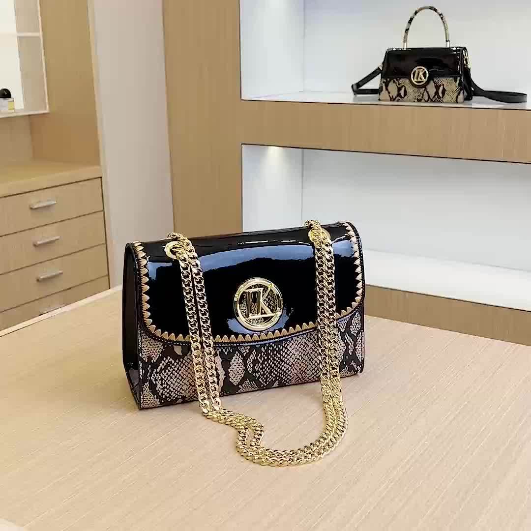 Stylish Black Snake Pattern Crossbody Bag for Women with Golden-Tone Hardware & Chain Strap - Elegant Glossy Finish, Zip Closure, Polyester Lining, Perfect for Casual or Formal Occasions