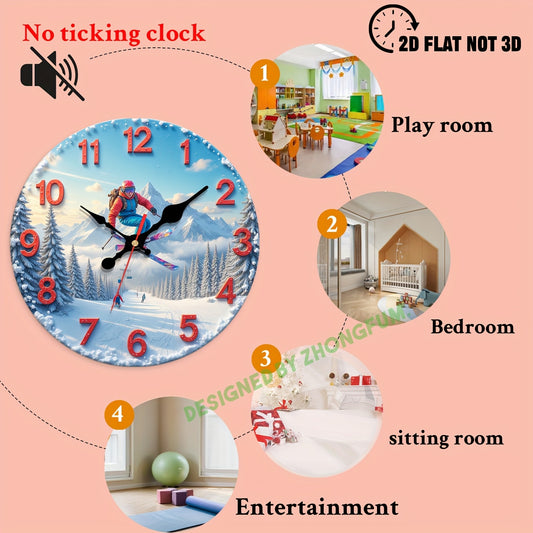 1pc Silent Non-Ticking Wall Clock with Skiing Scene in Snowy Mountains - Large Round - Quiet Movement, Wood Frame Suitable for Nursery, Room, Office, Christmas Holiday Decor - 10in & 12in Teaching Clock, 2D Flat