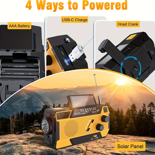 Portable Emergency Radio AM/FM/NOAA Weather Radio, 7400mWh Lithium Battery With Power Bank, Hand Crank And Solar Charging, SOS Alarm, Flashlight For Emergency