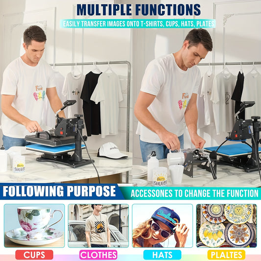 8-in-1 Heat Press Machine with Digital Display - 360° Swing Away, 12x15 Inch, Aluminum Alloy, 110-130V, US Plug, Ideal for T-Shirts, Mugs, Caps - Multifunctional Heat Transfer Combo, Heat Transfer Machine | Digital Display P