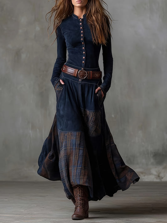 Plus Size - HERTALK2025 Women'S Retro Patchwork Wide-leg Loose High-waist Stretchable Straight Long-sleeved Long Dress(No Belt)