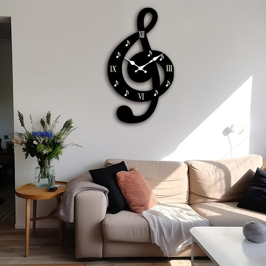Creative hollow-out wall clock, minimalist musical note design, irregularly cut music-themed clock, silent quartz movement. Suitable for bedrooms, living rooms, offices, kitchens, and bathrooms. Battery-powered (batteries not