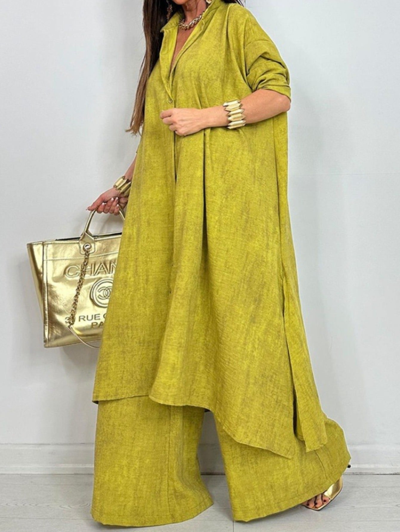 2pcs Olive Green Wide-Leg Pants Set | Vintage-Inspired, Relaxed-Fit Long Coat Paired with High-Waisted Wide-Leg Pants, Perfect for Island Getaways And City Strolls, Suitable for Fall/Winter.