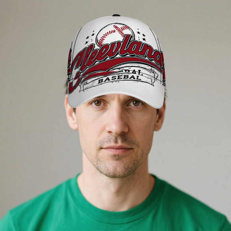 1pc 2D Cleveland Baseball Stars Print Baseball Cap - Vibrant Polyester Snapback Hat with Full-Body Print, Lightweight and Adjustable, Ideal for Running & Street Fashion.