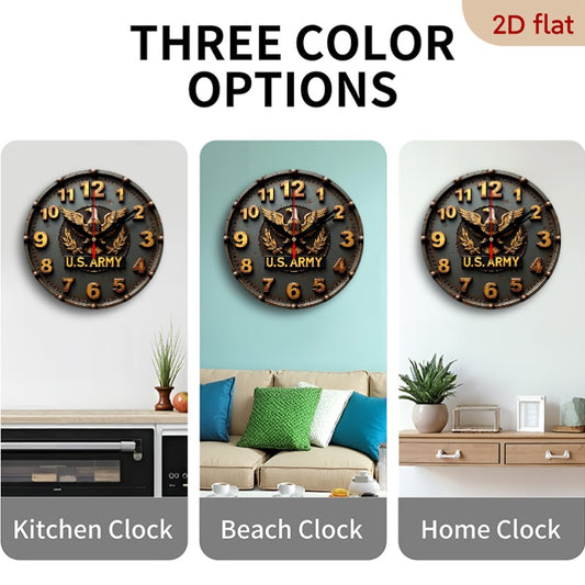9.8" U.S. Army Silent Wall Clock - 2D Flat Printed Eagle Olive Branch Design, Artificial Wood Quartz Battery Operated (AA), Non-Luminous Military-Themed Home Decor for Living Room, Bedroom, Coffee Area, Clock for Living Room,