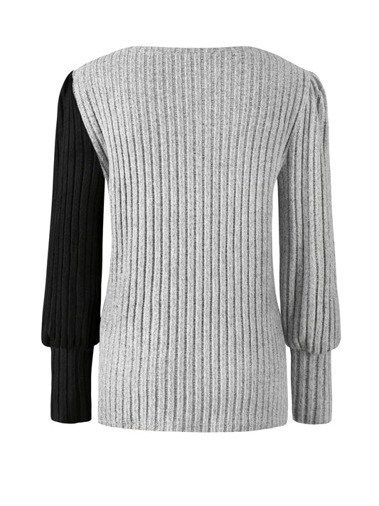 Button-detail Round Neck Long-sleeve Pullover Top with Color-block T-shirt Design