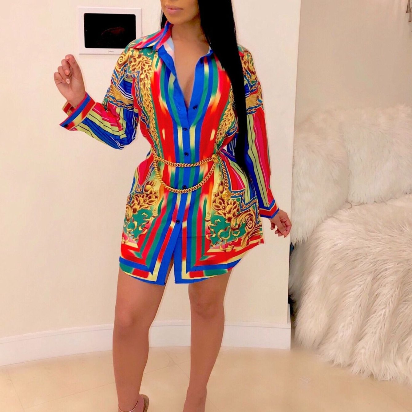 Ladies' Casual Shirt Dress with Colorful Striped Long Sleeved Shirt Dress