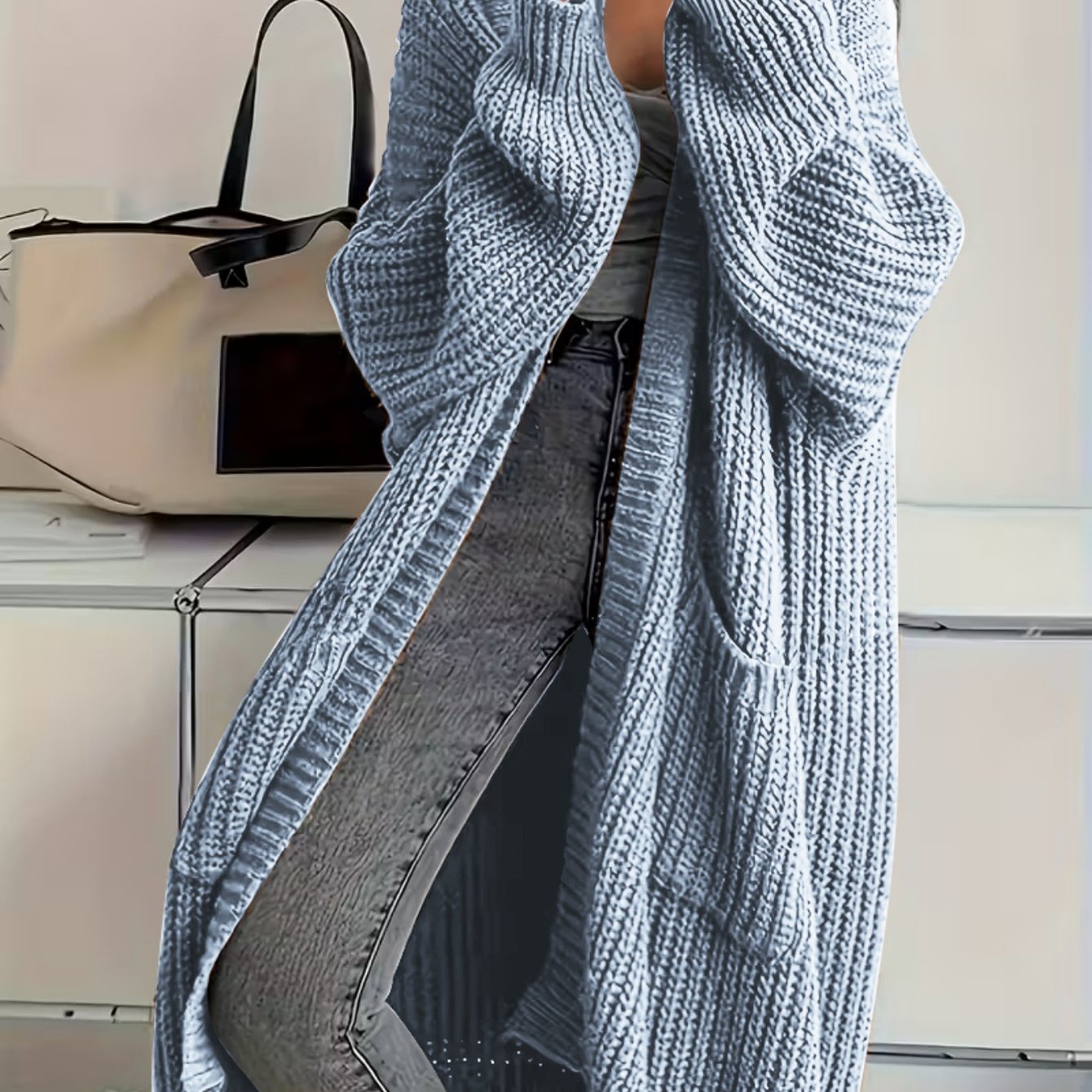 Plus Size, Solid Color Plus-Size Women's Long Pocket Cardigan Loose Over-the-Knee Sweater Coat Fashion Versatile Outerwear