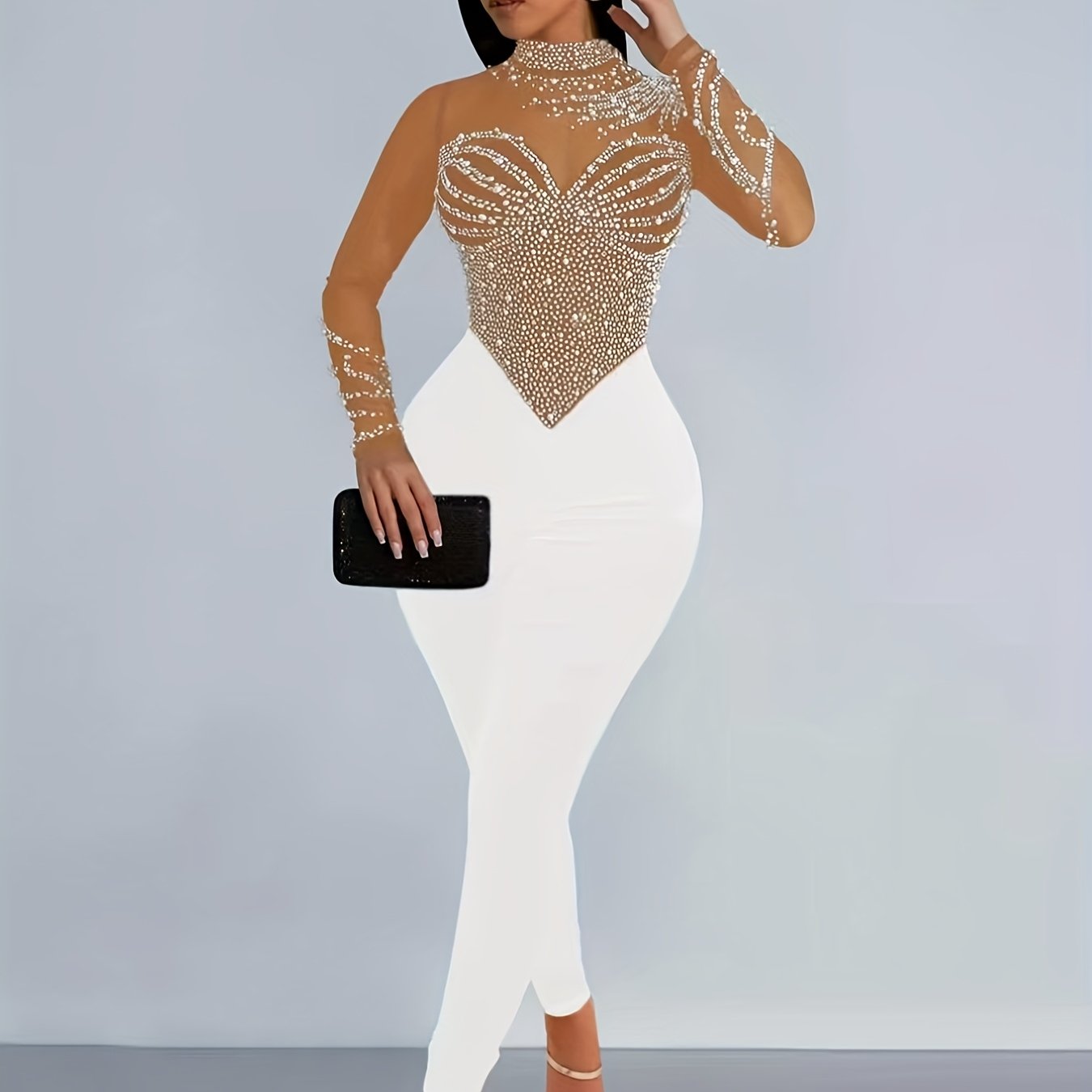 Elegant Women'S Black Jumpsuit with Pearl And Rhinestone Embellishments, Featuring Sheer Mesh Long Sleeves for Evening Events