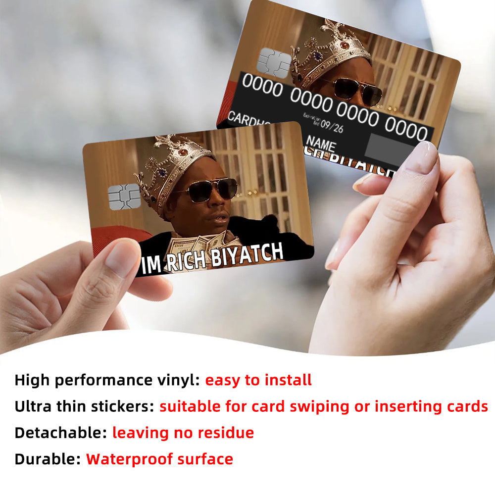 4pcs Waterproof PVC Card Skins - Funny "I'M RICH BIYOTCH" Golden Card Design Stickers | Scratch-Resistant, Non-Slip Glossy-like for Credit/Debit Cards & Keychains | Ultra-Thin Durable Disposable VIP-Style Protectors (Matte Vi