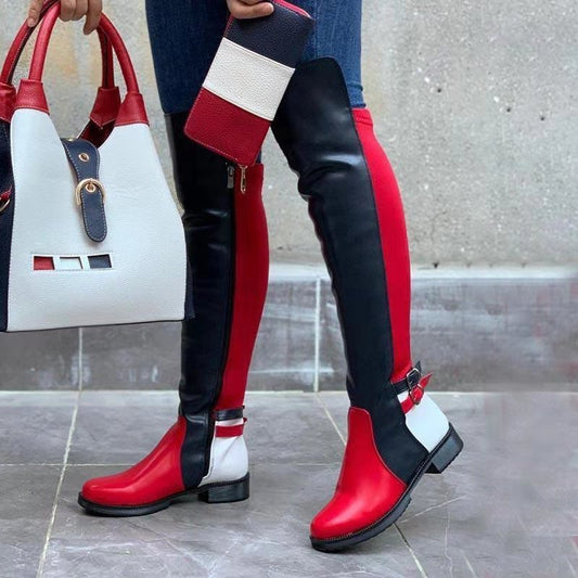 Women's Side-zip Block Heel Boots with Color-block Design, Fashionable and Unique. The Metal Buckle Decoration Adds a Full Sense of Trend. They Are Suitable for Various Occasions Such as Street Outings and Parties., Women Sho