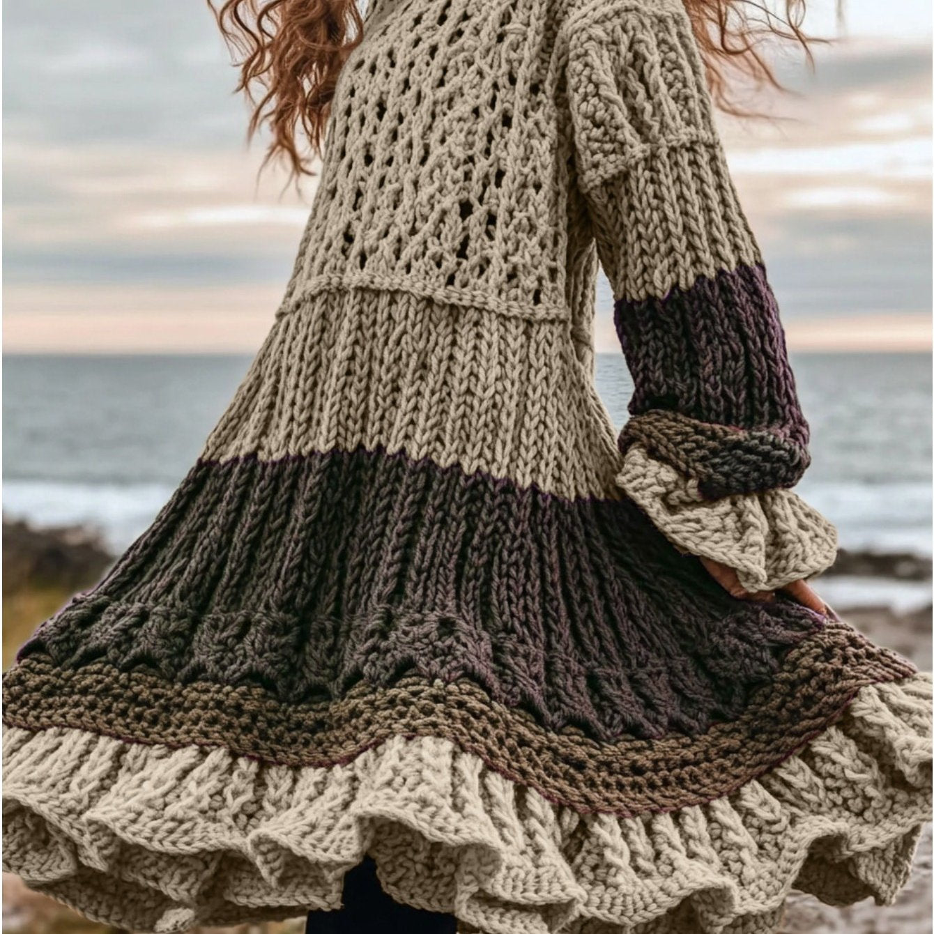 Plus Size - Autumn and Winter New Dress | Casual Versatile Temperament Fashion Slim Retro Fried Dough Twists Long Sleeve Women'S Wear, Midi Length, Slight Stretch Fabric, Lapel Collar, Weekend Casual Style.