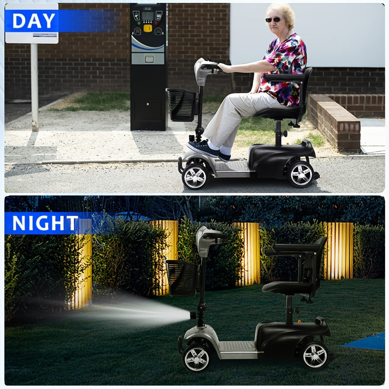 A Four-wheeled Foldable Electric Mobility Scooter For Seniors, It Has A 250W Motor, 24V Power System, 15-mile Range, Front LED Lights, Detachable Basket, Rotatable Seat, And Folds For Car Storage, The Perfect Choice For Daily