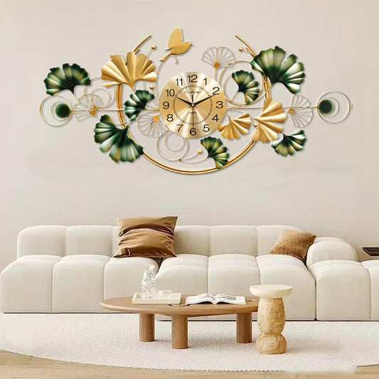 47" Large Boho Silent Non-Ticking Wall Clock with Wireless Charging - 3D Ginkgo Leaf Design, Glass Frame, Rectangular Metal Wall Decor for Living Room, Bedroom, Dining Room, Office - No Electricity Needed, Clock Wall Decor, B