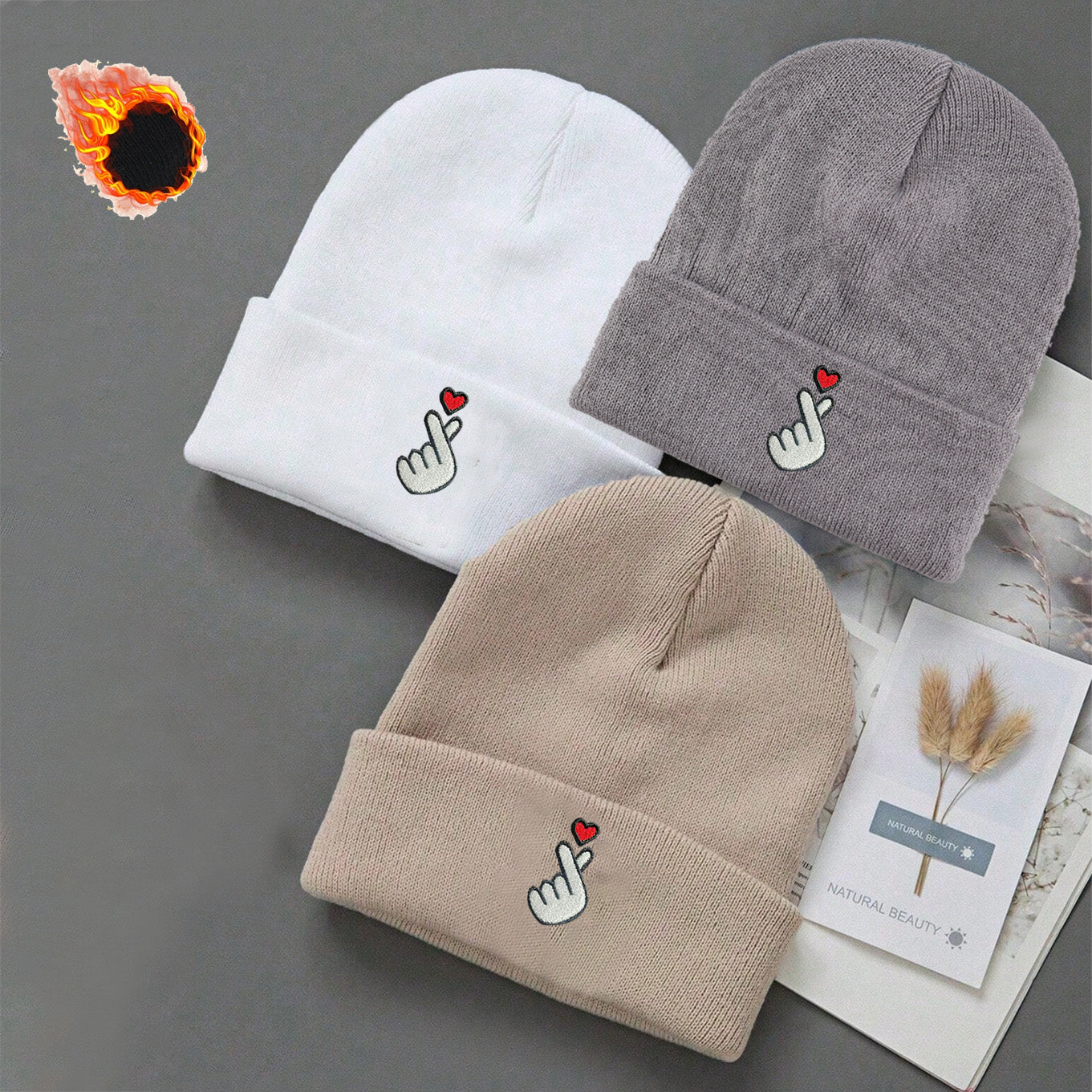3-Pack White/Grey/Black Beanie Hats with Heart & Thumbs Up Hands Logo - Lightweight Stretch Winter Caps for Men & Women, Unisex Foldable Warm Beanies for Skiing, Outdoor Activities, Parties (Easy-Care, One Size Fits All)