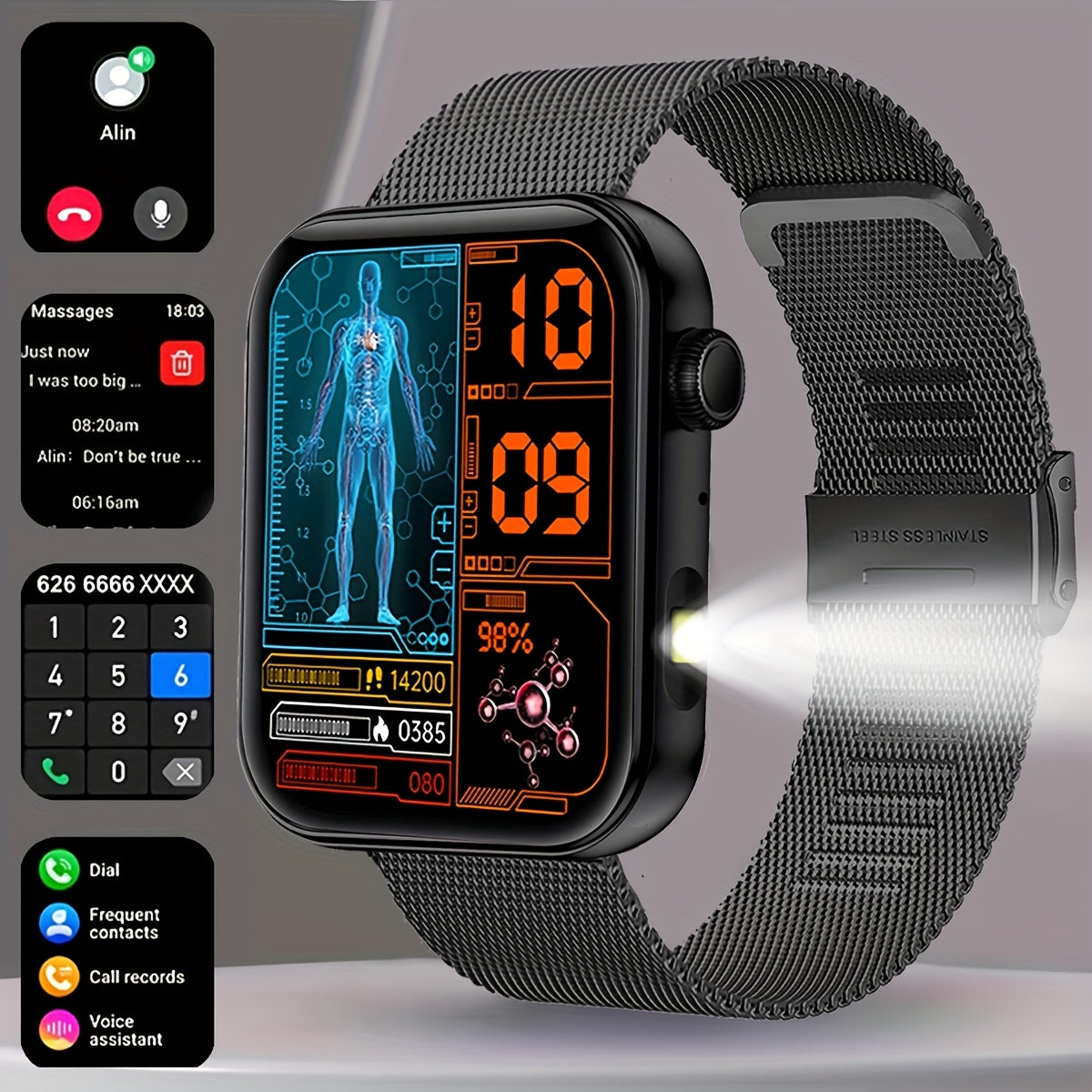 COIUSOR Smart Watch Built-In LED Flashlight, 1.85-inch HD screen, Mobile phone Synchronization information, Wireless call, information call reminder, 100+ sports mode, Fitness Smart watch, for Android mobile phones, Smart Wat