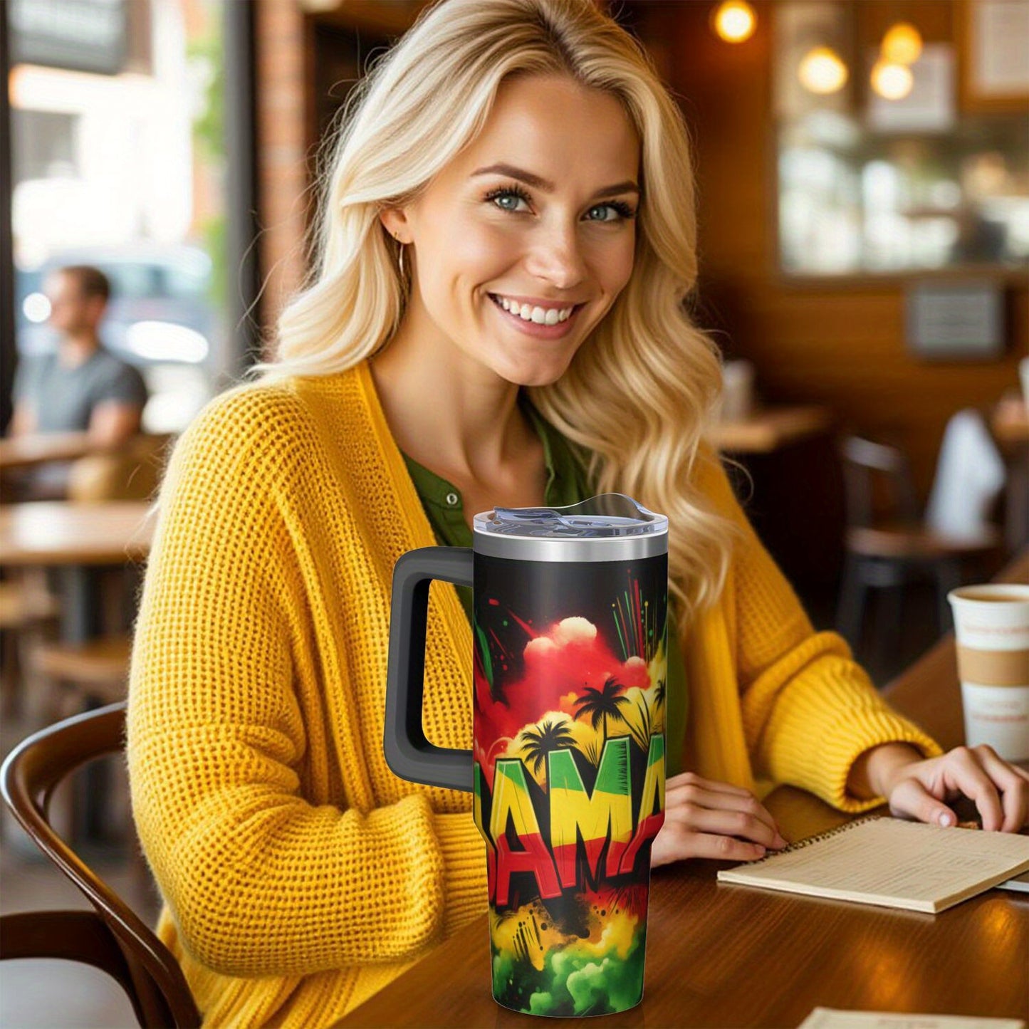 30oz Large Capacity Tumbler with Handle - Double-Wall Insulated Cup, Leakproof Lid & Built-in Straw, BPA-Free Stainless Steel Travel Mug, Keeps Drinks Hot/Cold for Hours, Tropical Jamaica Design in Green/Red/Black/ - Perfect