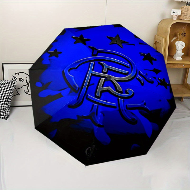Rangers Design Automatic Folding Umbrella - Windproof 8-Rib Durable Frame, Portable Travel Umbrella with Blue & Black Star Pattern, Compact Foldable Design for Commuting, Hiking, Beach - Ideal Holiday Gift, Umbrella Heavy Dut