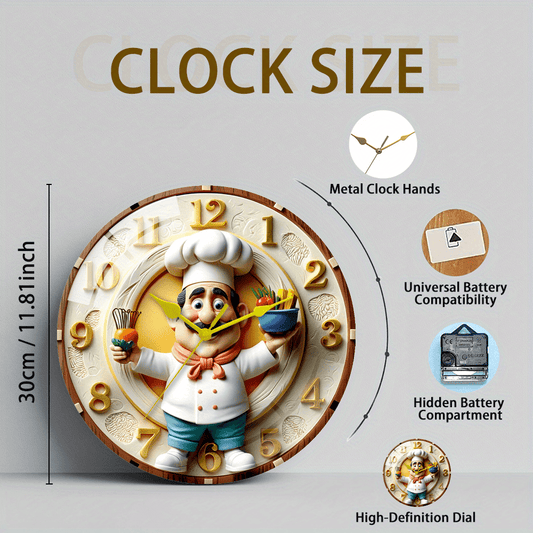 1pc Extra Large Chef-Themed Modern Kitchen Clock - Silent Quartz Movement, Thick Tempered Glass, Golden Hands & Black Numerals - (Battery Not Included) - for Living Room, Bedroom,, Office - French Chef Design with Garlic & He