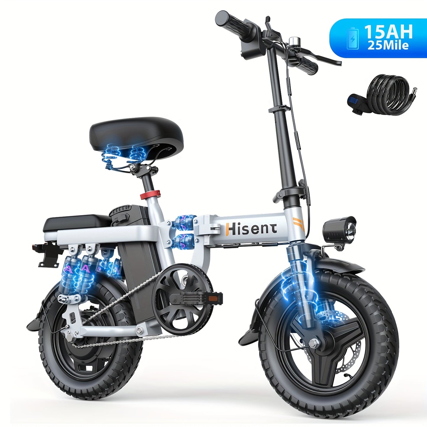 Hisent Adult Electric Bicycle, 48V 6A10A/15A/17.5A Lithium Battery, 20MPH, 8-35 Miles Range, 740W Brushless Motor, Multiple Shock Absorbers, 14" High-quality Tires, 3-step Folding, LCD Display, with Headlight And Taillight, C
