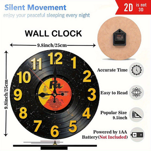 10 Inch Vinyl Record Wall Clock - Silent Non-Ticking Japanese Quartz Movement, Retro Black & Yellow Numbers, Artificial Wood Design, Battery Powered (AA Not Included) - Vintage Home Decor for Living Room, Bedroom, Unique Gift