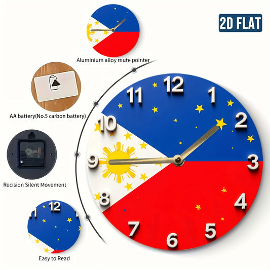 1pc Philippine Flag Wall Clock with Sun, Stars & Philippine Map - Blue face, White Hands, Red & Blue Trim - Modern Filipino Home Decor for Living Room, Bedroom, Office - Ideal Gift for Filipino Families - Battery Not Included