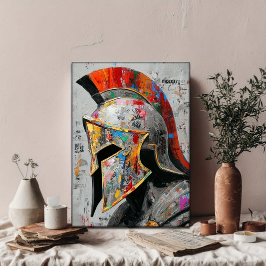 1pc Framed Spartan Helmet Canvas Art - 12x16 Inch HD Oil Painting, Bold Warrior Design with Red & Golden Accents, Modern Home Decor for Living Room, Bedroom, Office - Urban Graffiti Style, Canvas Wall Art, Bedroom Artwork, De