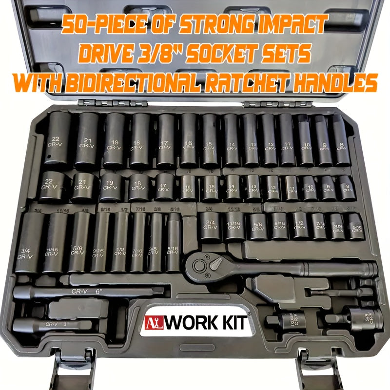 43/50pcs, 3/8-inch Drive Impact Socket Set, 6-point Standard Metric (8-22mm) & SAE (5/16-3/4 Inches), CR-V Steel Sockets With Adapter And Ratchet Handle, Exquisite Gift
