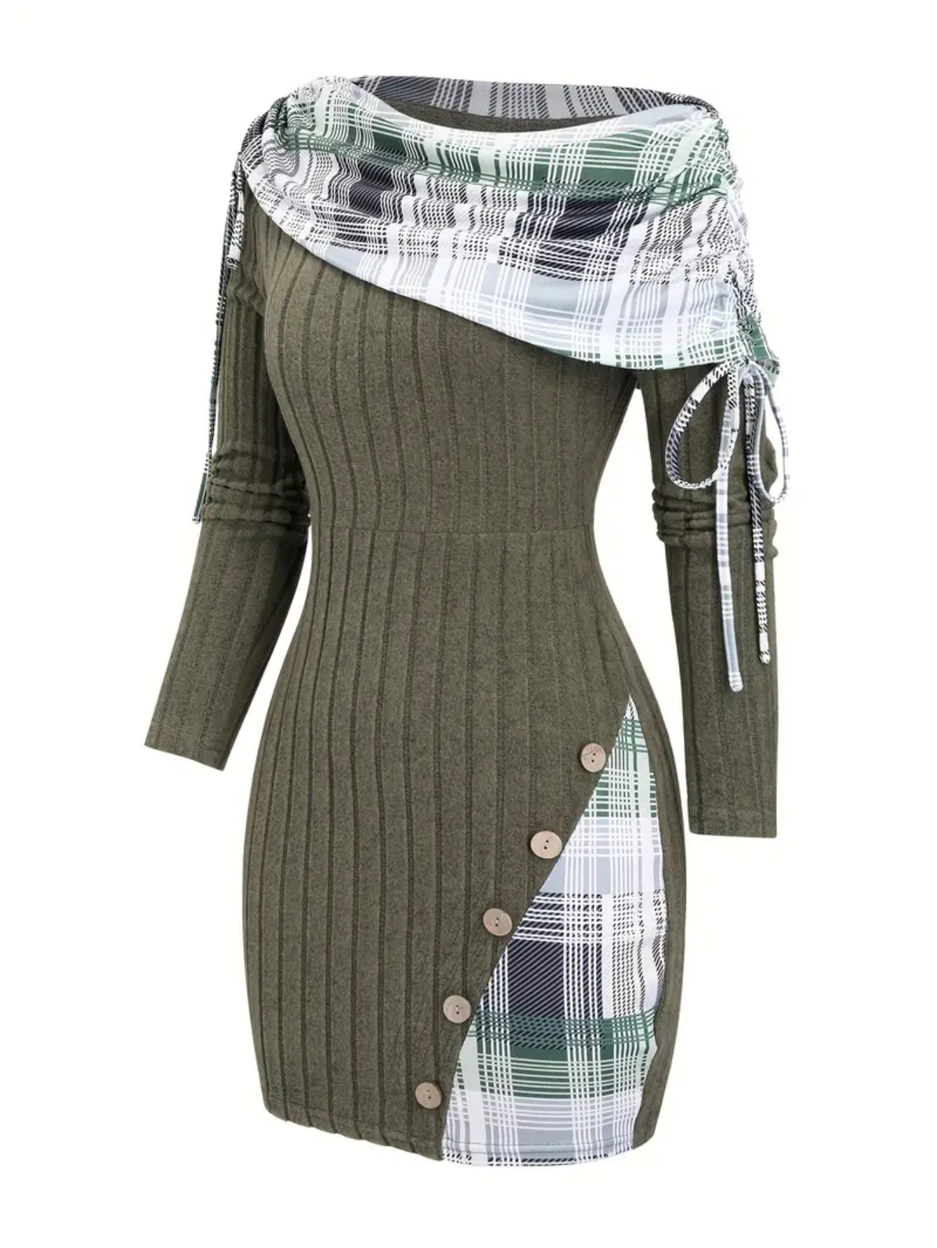Women's Olive Green Checkered Patchwork Dress - Asymmetric Slant-Shoulder Button Neckline, Fitted Winter Dress for Autumn/Winter, Elegant for everyday to date Outfits (Non- Base Layer Compatible with)