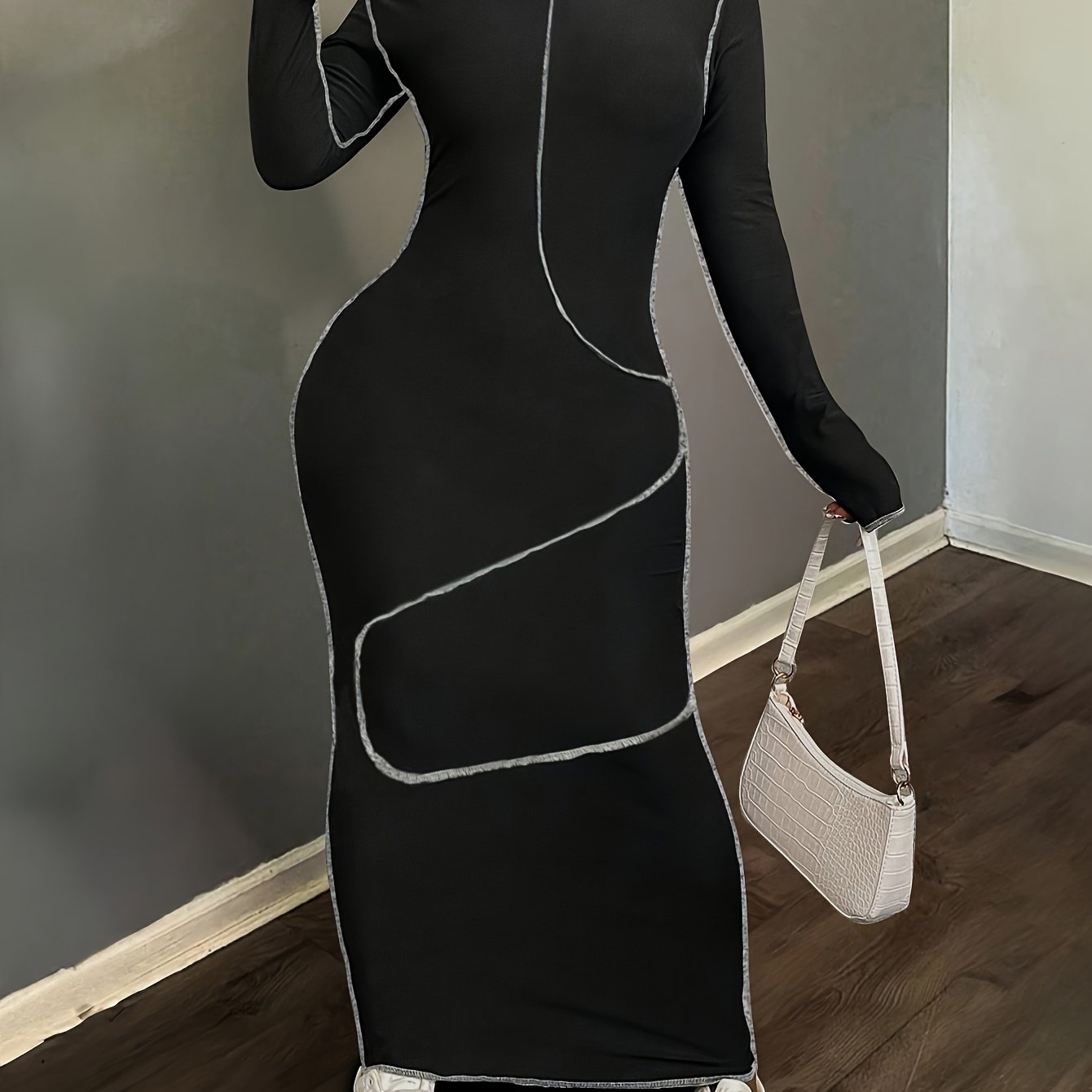 Fashionable Hooded Sweatshirt with Contrasting Seams, Fitted Long Skirt, Street-Style Dress