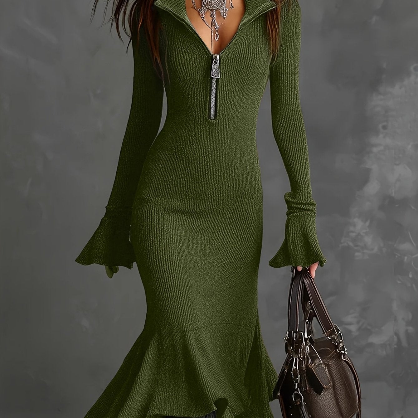 Plus Size - HERTALK2025 Autumn Fashion And Elegant Style Zipper Lapel Flared Sleeve Fishtail Dress
