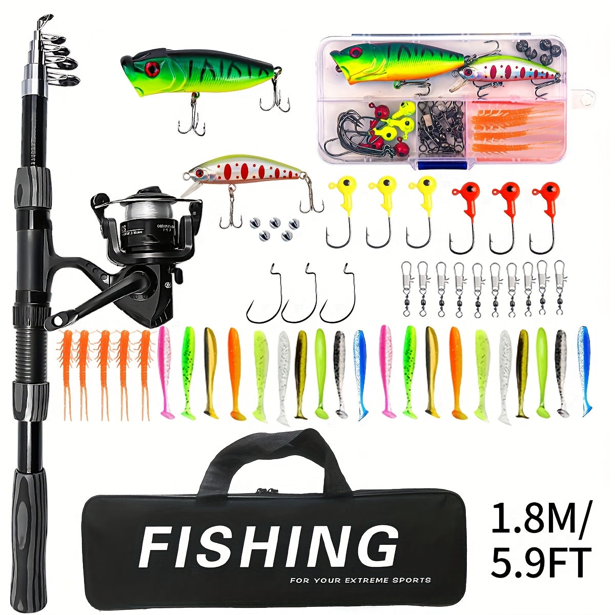 1.8-2.1m Telescopic Fishing Rod & Reel Combo with Carry Bag - Lightweight Fast Action Spinning Reel, Ambidextrous Left/Right Hand Operation, Medium Light Power For Saltwater & Freshwater Fishing, Ideal Gift For Christmas, Hal