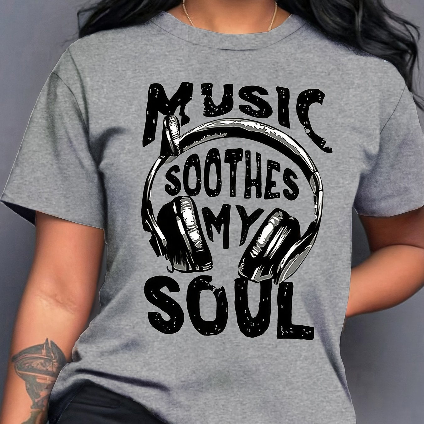Women's Music Soothes My Soul Headphones & Sound Wave Print T-Shirt - Casual Short Sleeve Round Neck Blouse, Spring Summer Casual Attire for Music Lovers, Machine Washable Comfortable Top