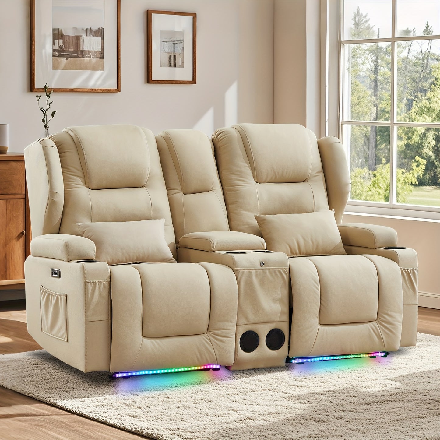 Power Loveseat Recliner With LED Lighting, Home Theater Seating Sofa With Storage & Cup Holders For Living Room RV, Faux Leather
