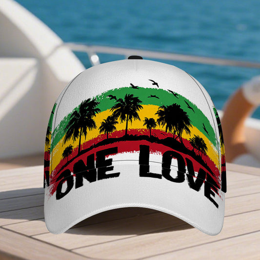 1pc 2D Reggae Vibes One Love Print Hat - Adjustable Snapback with Full-Body Vibrant Print, Perfect for Sports, Running & Outdoor Street Fashion.