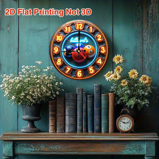 vintage, 1pc, a neon sign that says billiards on it, Vintage Clock, 9.8inch, 2D Flat Silent Wall Clock, Non-Luminous, Wooden Quartz Design, perfect for spiritual homes/ holiday/ Living Room/ Coffee/ Bedroom/ Gifts Decor.