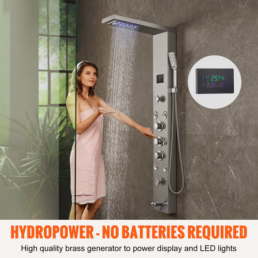 VEVOR Shower Panel System, 6 Shower Modes, LED & Screen Hydroelectricity Shower Panel Tower, Rainfall, Waterfall, 5 Massage Jets, Tub Spout, Handheld Shower, Stainless Steel Wall-Mounted Shower Set