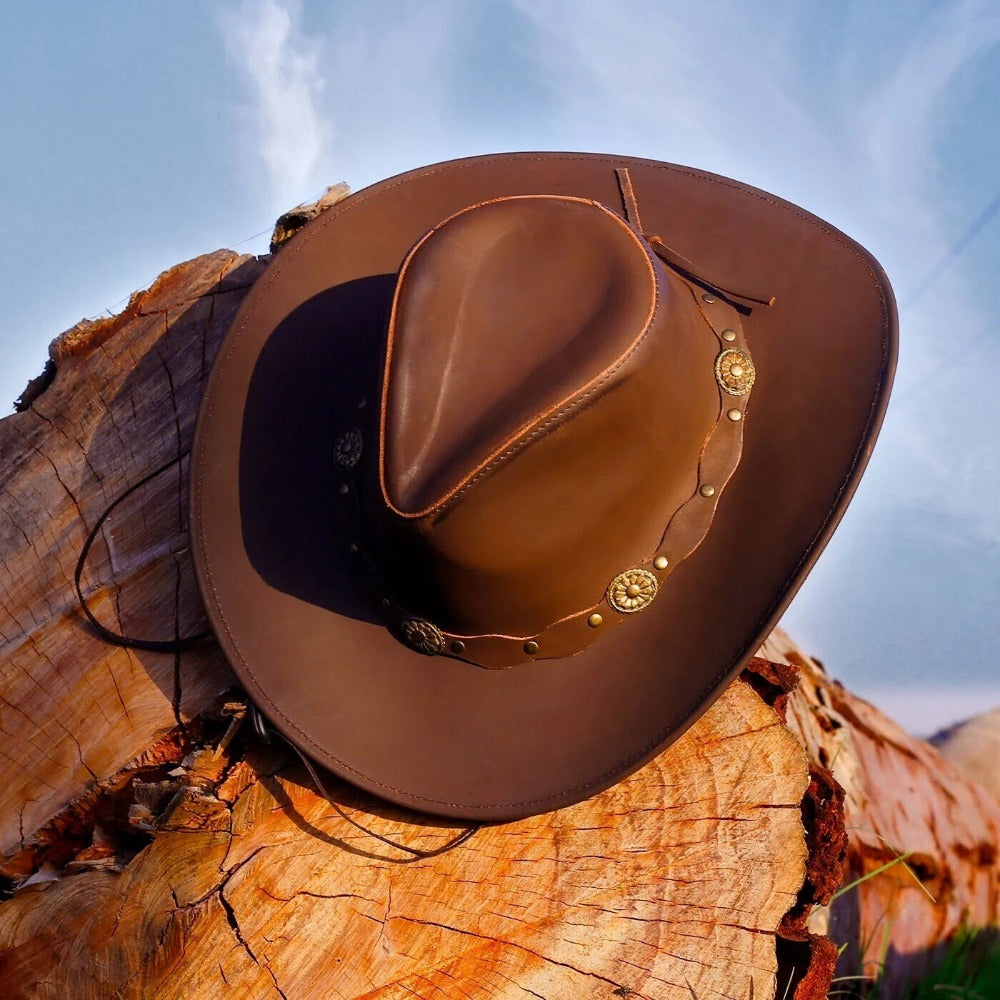 Brown Genuine Leather Western Cowboy Hat for Men & Women – Classic Outdoor Riding & Country Style Accessory for Travel, Horseback Riding, Ranch Work, Camping, Festivals & Daily Wear – Perfect Gift for Christmas, New Year,