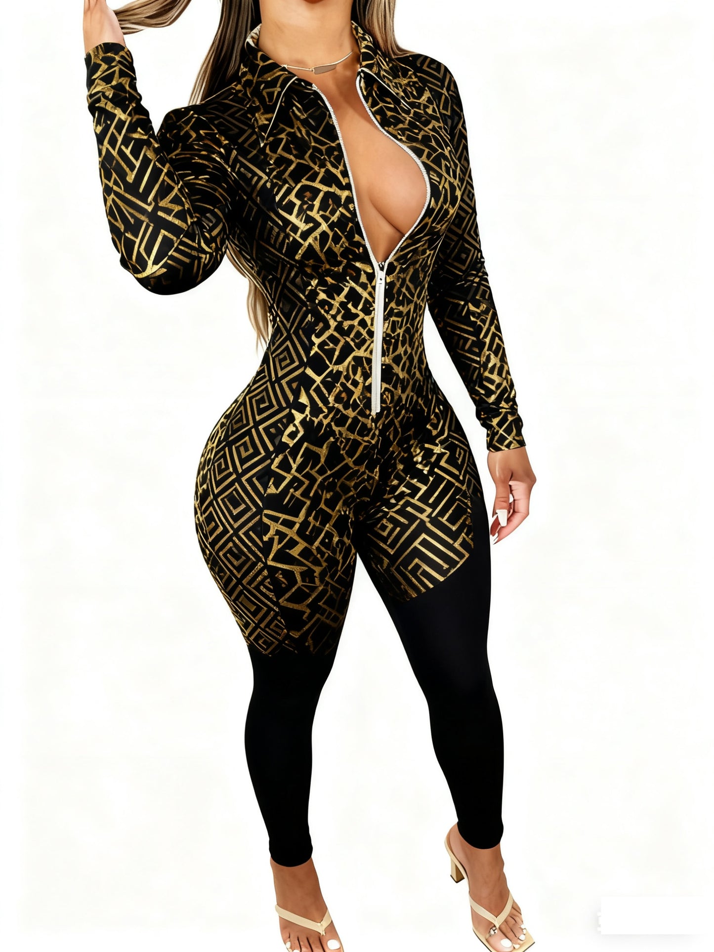 Plus Size, Women's Bohemian Elegant Slim-Fit Jumpsuit, Front Zipper + 2D Printed Design, Versatile for Daily Outings/ / Office/ Home, Christmas Festival Casual Outfits