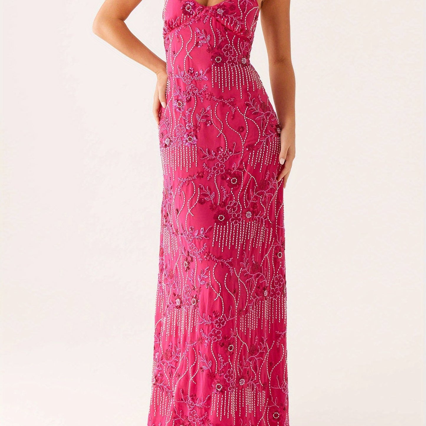 Women'S Elegant Turquoise Sequin & Floral Lace-like Sleeveless Maxi Dress - V-Neck Spaghetti Strap Summer Evening Party Dress, Lightweight Breathable Formal & Semi-Formal Outfit for Beach Events, Prom, Galas - Casual to Forma