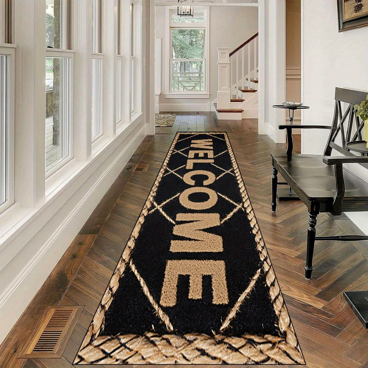 1pc HKStorage Modern Welcome Mat - Elegant Golden Lettering on Black Background, Durable Polyester Rectangular Entryway Mat for Home, Office & Commercial Spaces, Machine-Made Machine Washable, Holiday Decor for Mother'S Day,